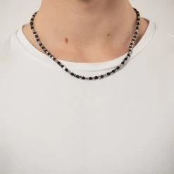 Vibholm Men - Halskæde Med Sorte Sten Og Stålperler - Stål
